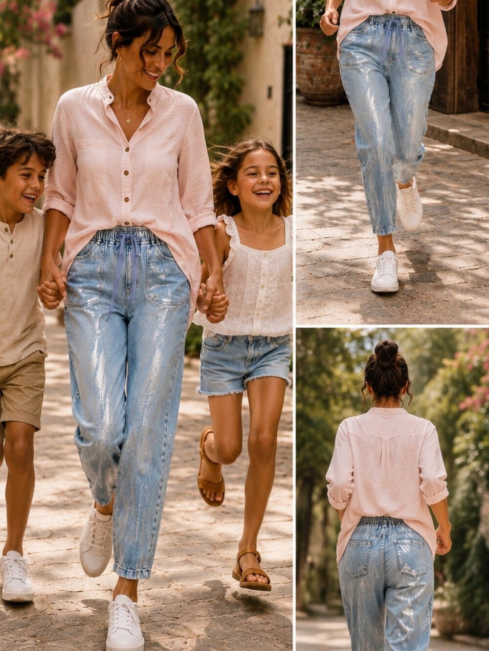 Light Blue Drawstring Jeans, Silver Sparkly Paint Strokes, Made In Turkey